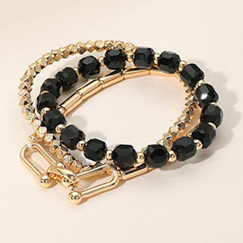 3PCS - Hardware Textured Metal Faceted Beaded Stretch Multi Layered Bracelets