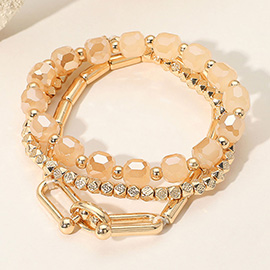 3PCS - Hardware Textured Metal Faceted Beaded Stretch Multi Layered Bracelets