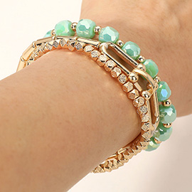 3PCS - Hardware Textured Metal Faceted Beaded Stretch Multi Layered Bracelets