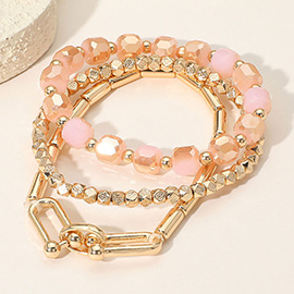 3PCS - Hardware Textured Metal Faceted Beaded Stretch Multi Layered Bracelets