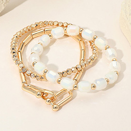 3PCS - Hardware Textured Metal Faceted Beaded Stretch Multi Layered Bracelets