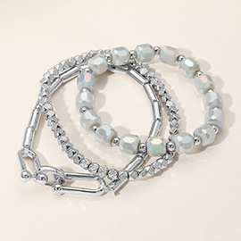 3PCS - Hardware Textured Metal Faceted Beaded Stretch Multi Layered Bracelets