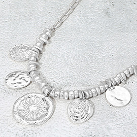 Textured Metal Disc Medal Charm Beaded Necklace