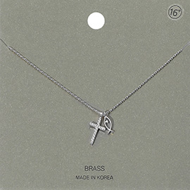 Stone Paved Cross Ichthys Pendant Necklace