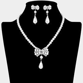 Rhinestone Bow Teardrop Pearl Necklace