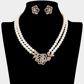 Rhinestone Paved Rose Pendant Double Layered Pearl Necklace