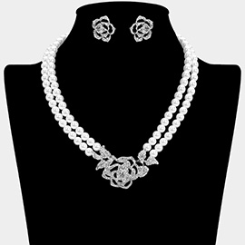 Rhinestone Paved Rose Pendant Double Layered Pearl Necklace