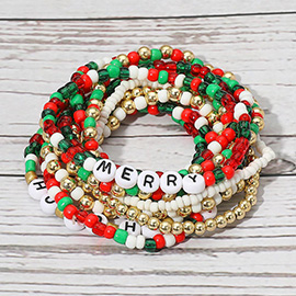 10PCS - MERRY HO HO HO Message Christmas Theme Seed Beaded Stretch Multi Layered Bracelets