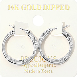 14K Gold Dipped Hypoallergenic Textured Crisscross Pin Catch Hoop Earrings