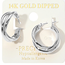 14K Gold Dipped Hypoallergenic Crisscross Pin Catch Hoop Earrings