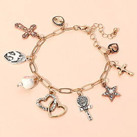 Heart Cross Star Ceramic Ball Charm Station Paperclip Chain Bracelet