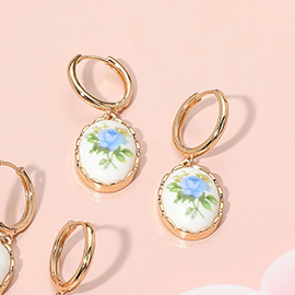 Oval Floral Ceramic Charm Dangle Earrings