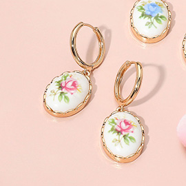 Oval Floral Ceramic Charm Dangle Earrings