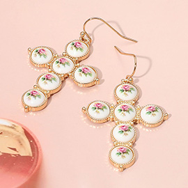 Round Floral Ceramic Bezel Cross Dangle Earrings