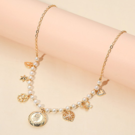 Flower Embossed Disc Locket Butterfly Heart Star Charm Station Pearl Beaded Necklace