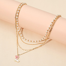 Enamel Bow Cowboy Boot Pendant Pearl Metal Chain Layered Necklace