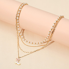 Enamel Bow Cowboy Boot Pendant Pearl Metal Chain Layered Necklace