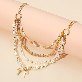 Metal Bow Pendant Floral Ceramic Ball Pearl Beaded Multi Layered Necklace