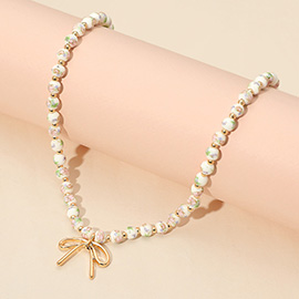Metal Bow Pendant Floral Ceramic Ball Beaded Necklace