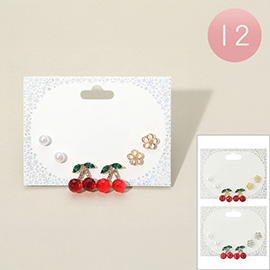 12 SET OF 3 - Pearl Enamel Flower Cherry Stud Earrings