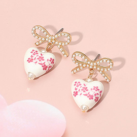 Floral Heart Ceramic Charm Dangle Pearl Bow Earrings