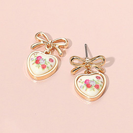 Floral Heart Ceramic Bezel Dangle Bow Earrings