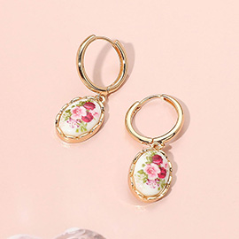 Oval Floral Ceramic Charm Dangle Earrings