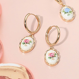 Oval Floral Ceramic Charm Dangle Earrings