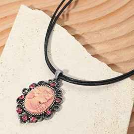 Vintage Cameo Pendant Double Waxed Cord Necklace