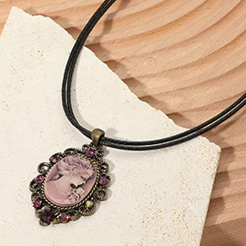 Vintage Cameo Pendant Double Waxed Cord Necklace