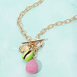 Enamel Sea Shell Puka Shell Toggle Pendant Necklace