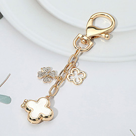 Mother of Pearl Quatrefoil Locket Stone Paved Clover Charm Drop Keychain / Bag Charm