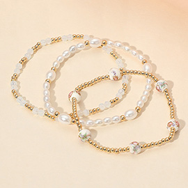 3PCS - Floral Ceramic Ball Pearl Beaded Stretch Multi Layered Bracelets