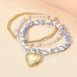 3PCS - Metal Heart Locket Charm Pearl Ceramic Metal Ball Beaded Stretch Multi Layered Bracelets