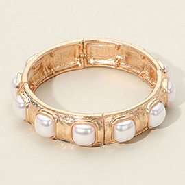 Square Pearl Bead Embellished Hammered Metal Stretch Bracelet