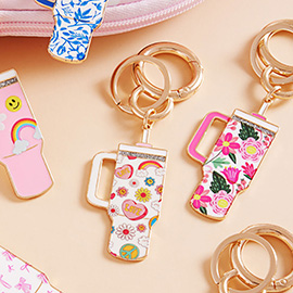 Enamel LOVE Message Smile Face Floral Pattern Tumbler Back Engraved Keychain / Bag Charm