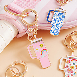 Enamel Rainbow Smile Face Flower Tumbler Back Engraved Keychain / Bag Charm