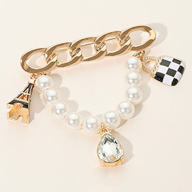 SECRET BOX_Enamel Eiffel Tower Handbag Teardrop Stone Cluster Pearl Beaded Chain Pin Brooch