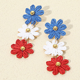 American USA Triple Raffia Flower Link Dropdown Earrings