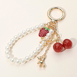 SECRET BOX_Glittered Cherry Enamel Strawberry Metal Teddy Bear Pearl Beaded Charm Keychain / Bag Charm