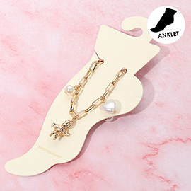 Heart Pearl Metal Bow Angel Balloon Dog Charm Station Paperclip Chain Anklet