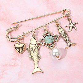 Antique Metal Fish heart Starfish Pearl Charm Embellished Safety Pin Brooch