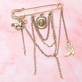 Antique Metal Western Cowboy Hat Boot Horse Charm Dangle Accent Safety Pin Brooch