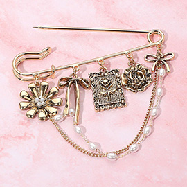 Vintage Inspired Antique Metal Flower Bow Charm Pearl Chain Accent Safety Pin Brooch