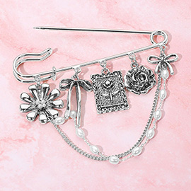 Vintage Inspired Antique Metal Flower Bow Charm Pearl Chain Accent Safety Pin Brooch