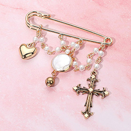 Vintage Antique Metal Cross Heart Pearl Chain Accent Safety Pin Brooch