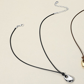 Metal Bean Pendant Faux Leather Cord Necklace