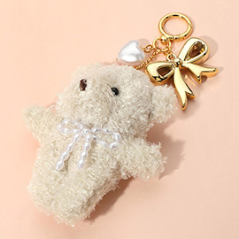 Pearl Heart Bow Charm Teddy Bear Plush Doll Keychain / Bag Charm