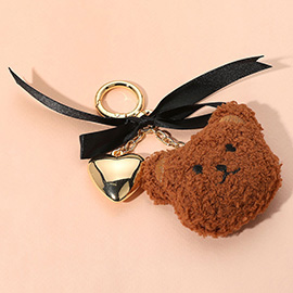 Bow Metal Heart Charm Fluffy Teddy Bear Face Plush Doll Keychain / Bag Charm