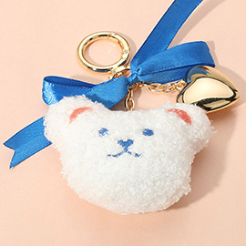 Bow Metal Heart Charm Fluffy Teddy Bear Face Plush Doll Keychain / Bag Charm